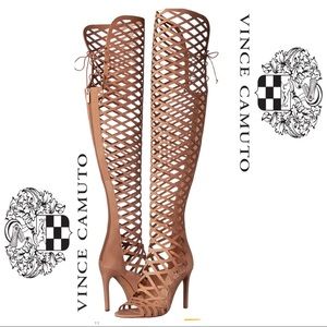 VINCE CAMUTO KELIANA CAGED OVER THE KNEE BOOTS TAN